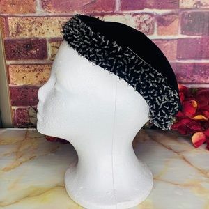 Vintage MCM Fle Chats Black Beaded Wool Felt French Cocktail Hat